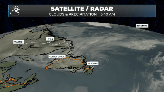 A satellite and radar loop showing how the clouds are moving over and around Newfoundland and Labrador during the morning of February 9, 2026.
