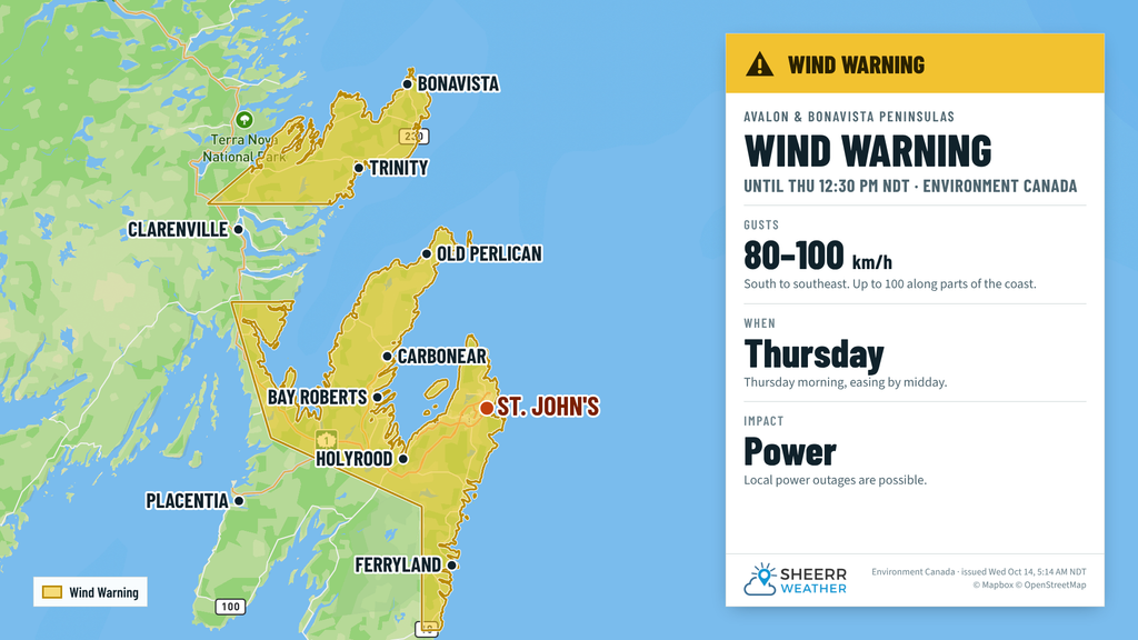 Wind Warning for parts of the Avalon Peninsula and Bonavista Peninsula for Thursday morning.
