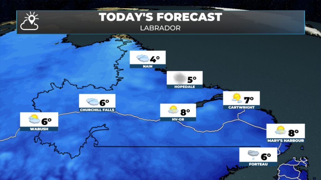 Today’s forecast highs for Labrador: 4 in Nain, 5 in Hopedale, 6 in Wabush, Churchill Falls and Forteau, 7 in Cartwright, and 8 in Happy Valley-Goose Bay and Mary’s Harbour