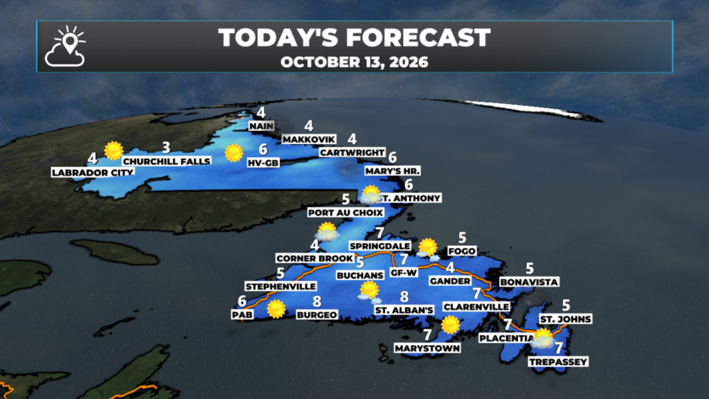 Today's forecast map for October 13, 2026: highs of 3 to 8 across Newfoundland and Labrador, with sunshine for most areas