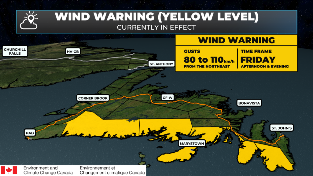 Map of the Wind Warning for the south coast from Burgeo to the Burin Peninsula and the southern Avalon Peninsula, with northeast gusts Friday afternoon and evening