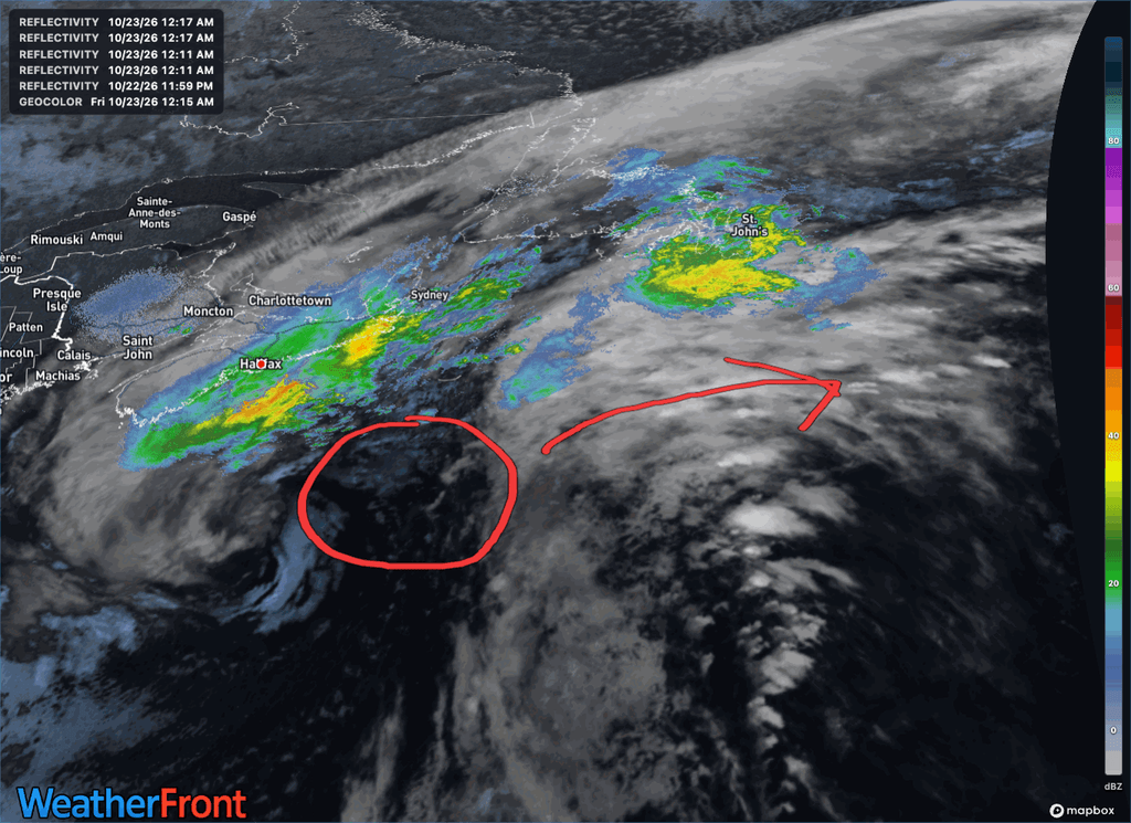 Satellite and radar image early Friday showing the centre of post-tropical storm Josephine circled south of Nova Scotia, an arrow showing its track northeast, south of Newfoundland, and rain over Nova Scotia and the Avalon Peninsula