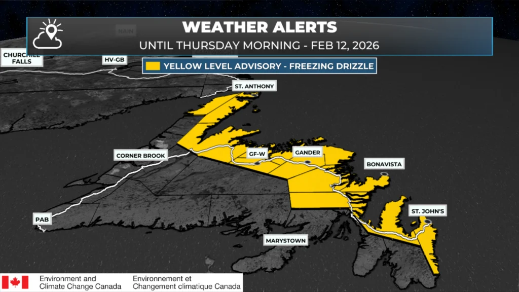 A freezing drizzle advisory is in effect from the northern peninsula to the avalon peninsula from today until thursday morning.