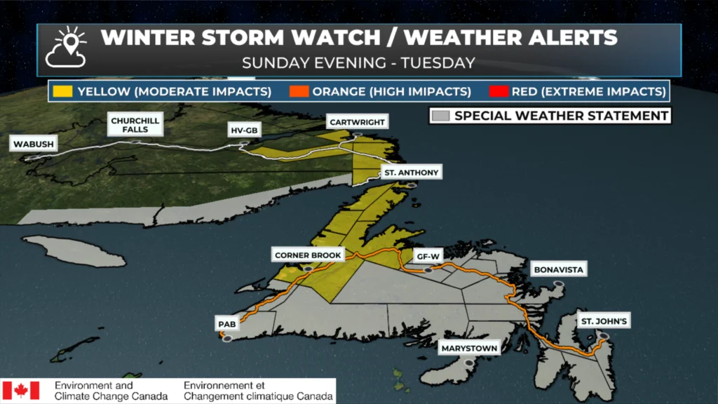 Strong Winter Storm Arrives Sunday Night, Winter Storm Watches, Special Weather Statements Issued by Environment Canada: forecast graphic 1