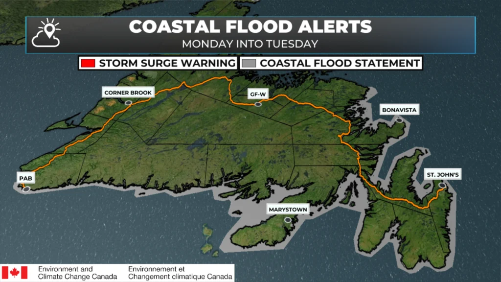 Coastal Flooding & Higher-Than-Normal Water Levels Expected Monday–Tuesday: forecast graphic 1