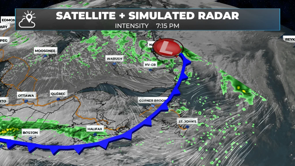 Rain ends along the Labrador coast overnight while an area of low pressure looms to the southwest
