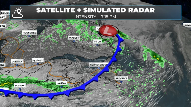 Rain ends along the Labrador coast overnight while an area of low pressure looms to the southwest