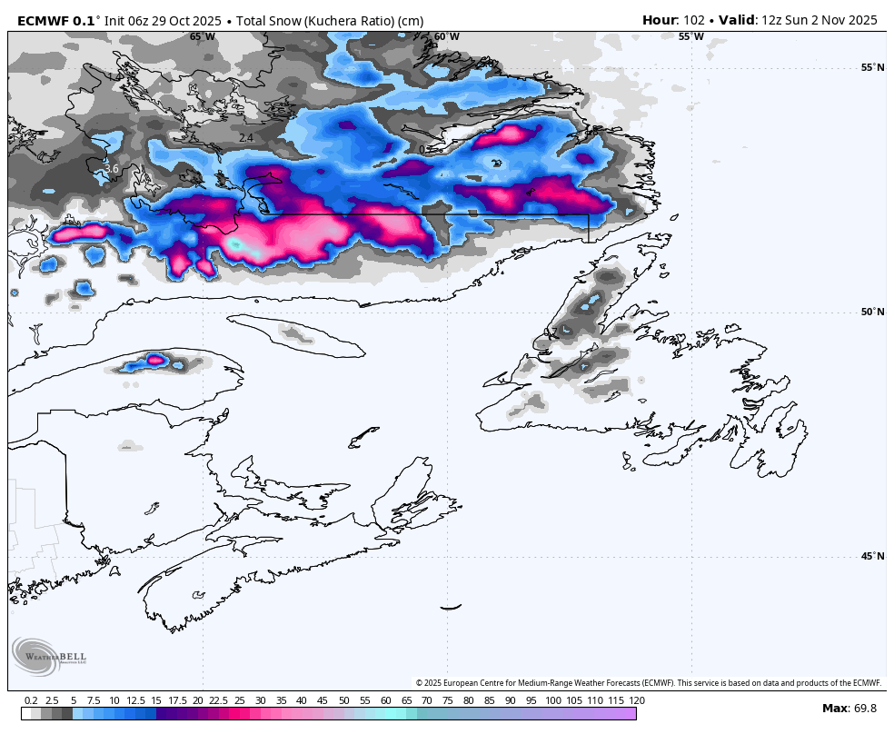 ECMWF Model's snowfall forecast from Friday morning thru Sunday morning.