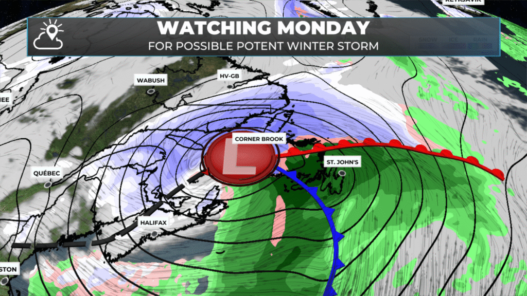 The setup for early next week with the incoming winter storm that should bring snow, ice, rain and wind to NL.