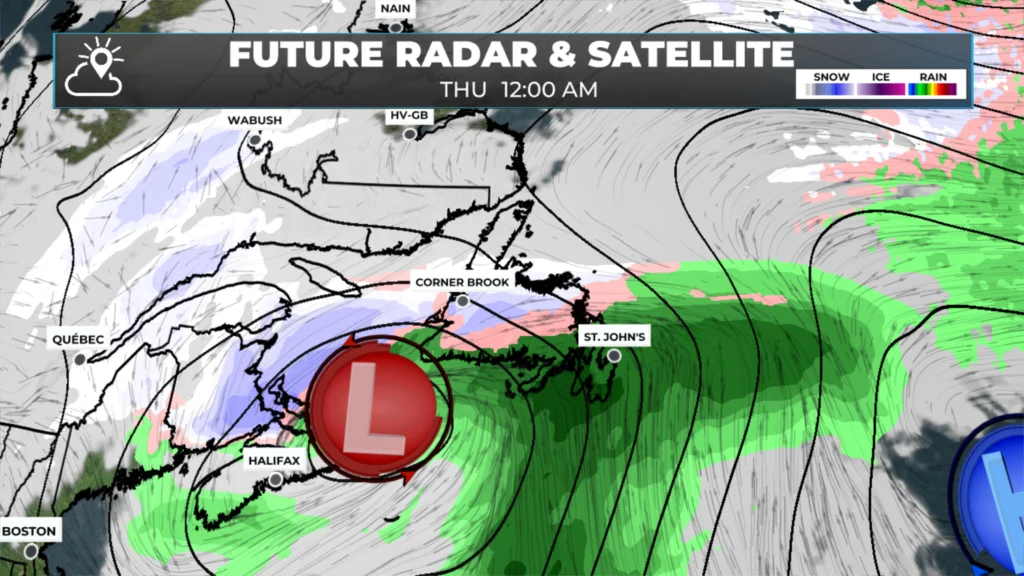 The weather pattern setup for midnight tomorrow night (Wednesday (Jan 7, 2026) into Thursday (Jan 8, 2026).