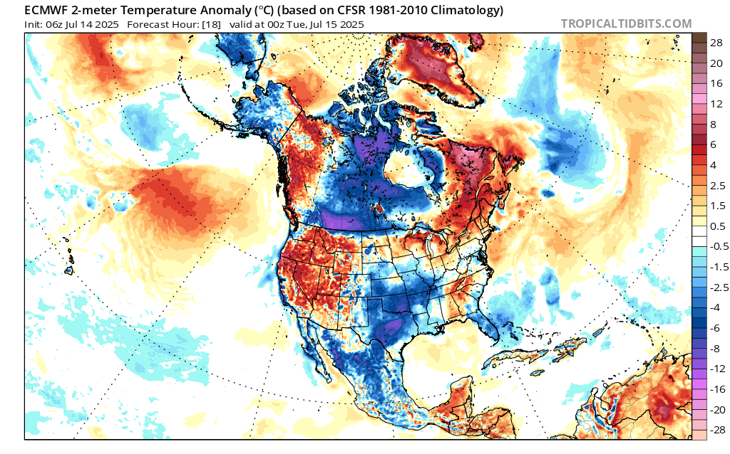 Temperature anomalies over North America on July 14, 2024