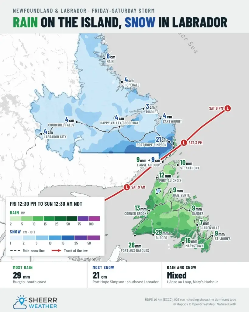 Rain on the Island, snow in Labrador: Friday-Saturday storm rain and snow totals, with up to 29 mm at Burgeo and 21 cm at Port Hope Simpson