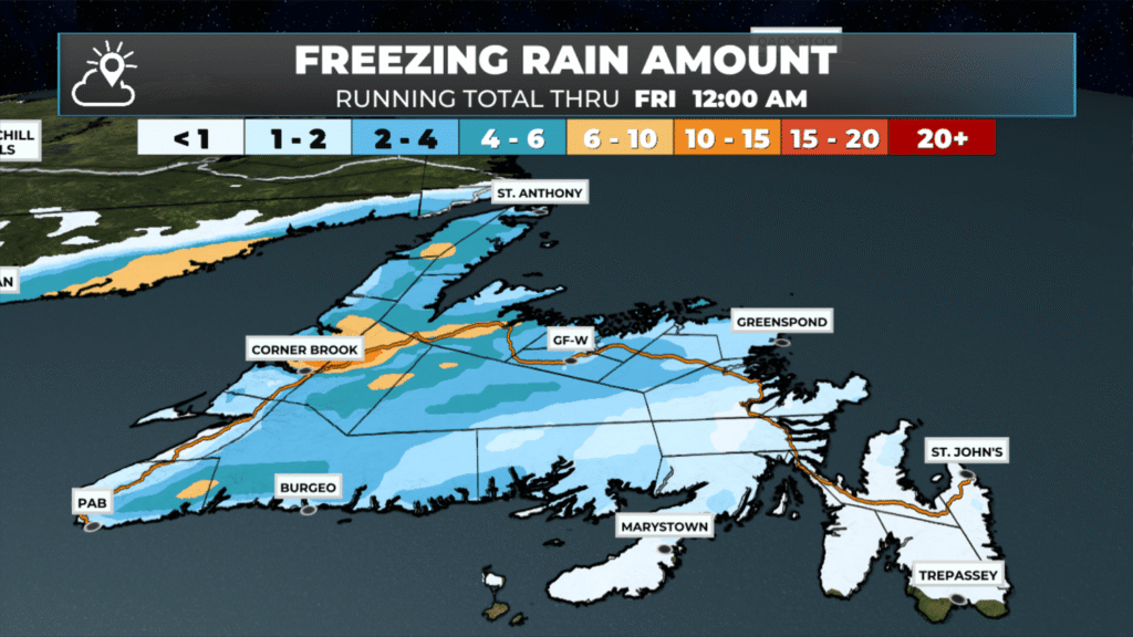 The forecast for freezing rain accumulation between Wednesday evening and late Thursday night - March 11 and 12, 2026
