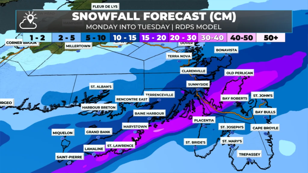The snowfall forecast from the RDPS model between Monday at 12 PM and Tuesday at 12 PM (Decebmer 8 - 9, 2025.