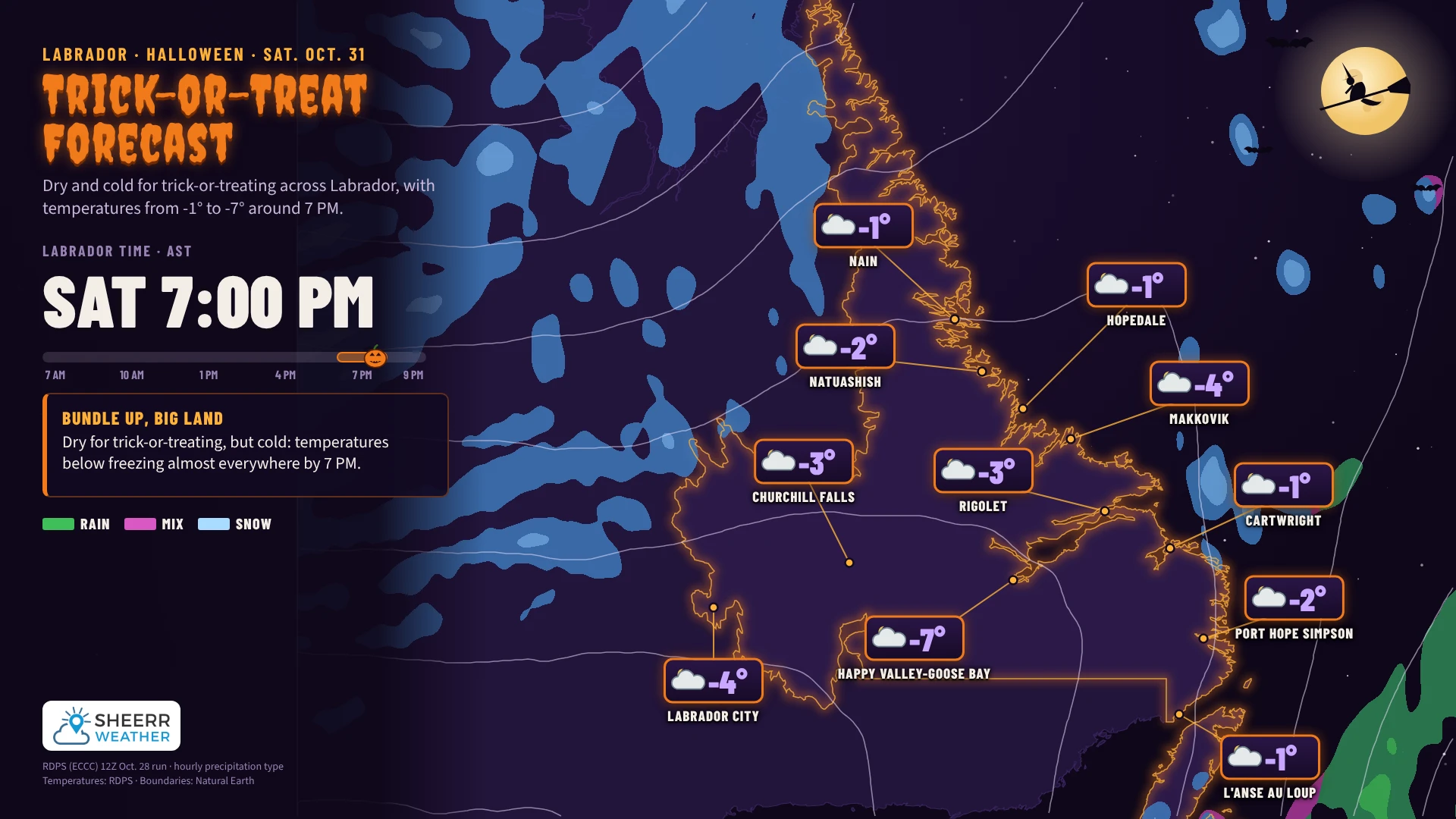 Labrador trick-or-treat forecast for 7 PM Saturday, October 31: dry and cold, temperatures -1° to -7°