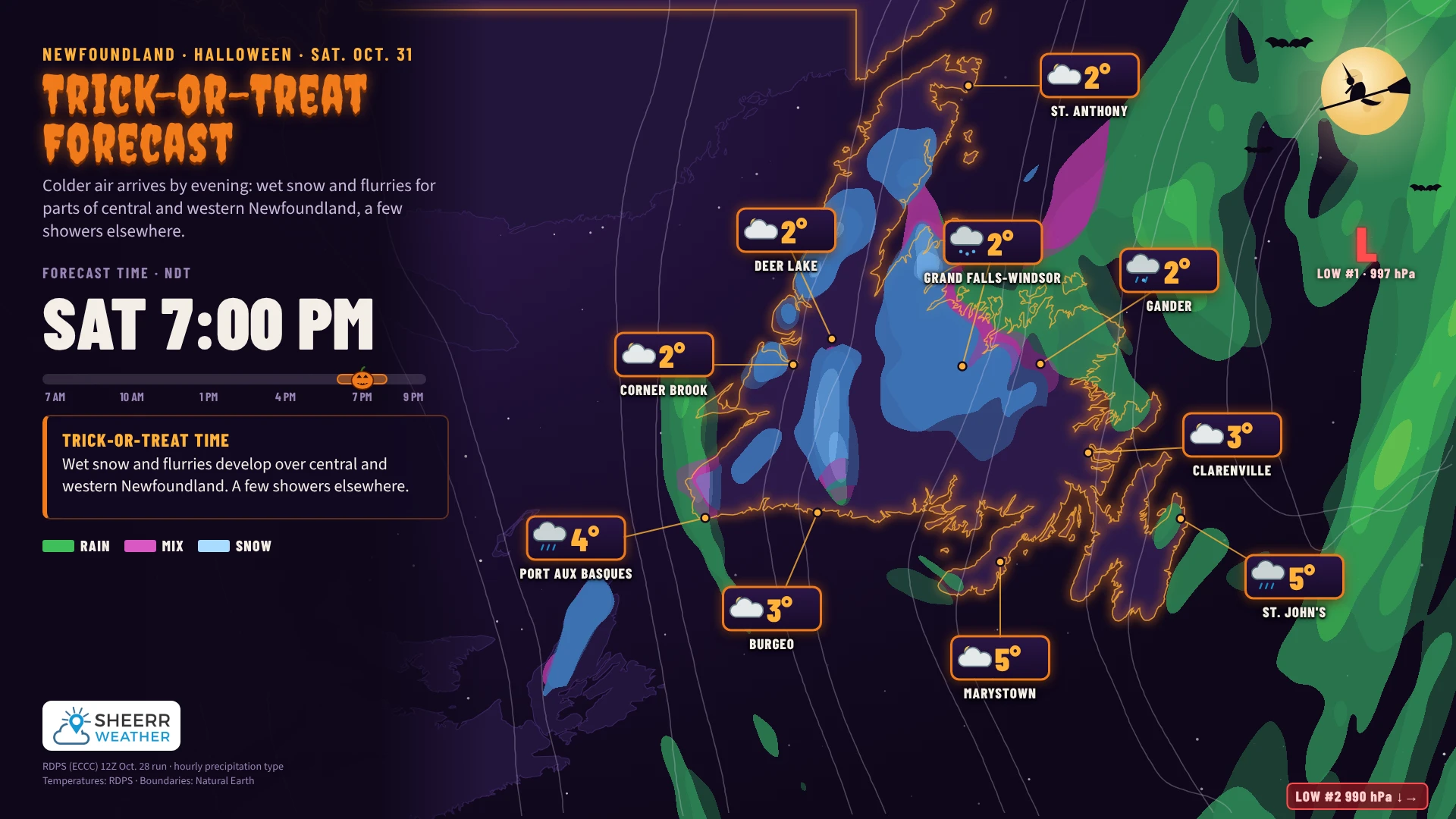 Newfoundland trick-or-treat forecast for 7 PM Saturday, October 31: wet snow and flurries for parts of central and western Newfoundland, a few showers elsewhere, temperatures 2° to 5°