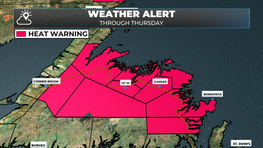 Monday evening’s forecast — Hot weather sticks around on the Island, cools a bit in Labrador: forecast graphic 2