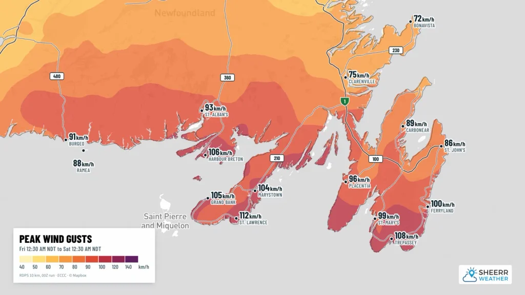 Map of forecast peak wind gusts Friday: 112 km/h at St. Lawrence, 108 at Trepassey, 106 at Harbour Breton, 105 at Grand Bank, 104 at Marystown, 100 at Ferryland, 99 at St. Mary’s, 96 at Placentia, 93 at St. Alban’s, 91 at Burgeo, 89 at Carbonear, 86 in St. John’s, 75 in Clarenville and 72 in Bonavista