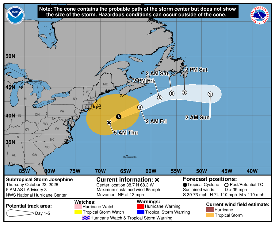 National Hurricane Center forecast track for Subtropical Storm Josephine, issued 5 AM AST Thursday, October 22, 2026, showing the storm passing south of Newfoundland Friday and Saturday