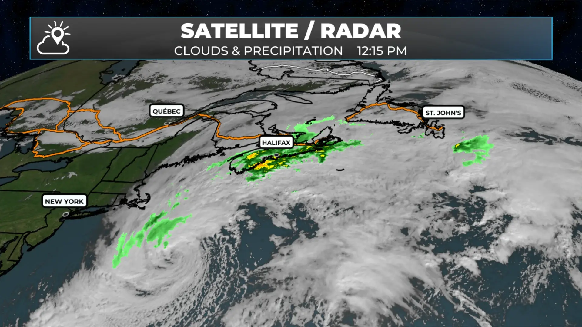 Satellite and radar image at 12:15 PM October 22, 2026, showing Subtropical Storm Josephine southeast of New England and rain over Nova Scotia