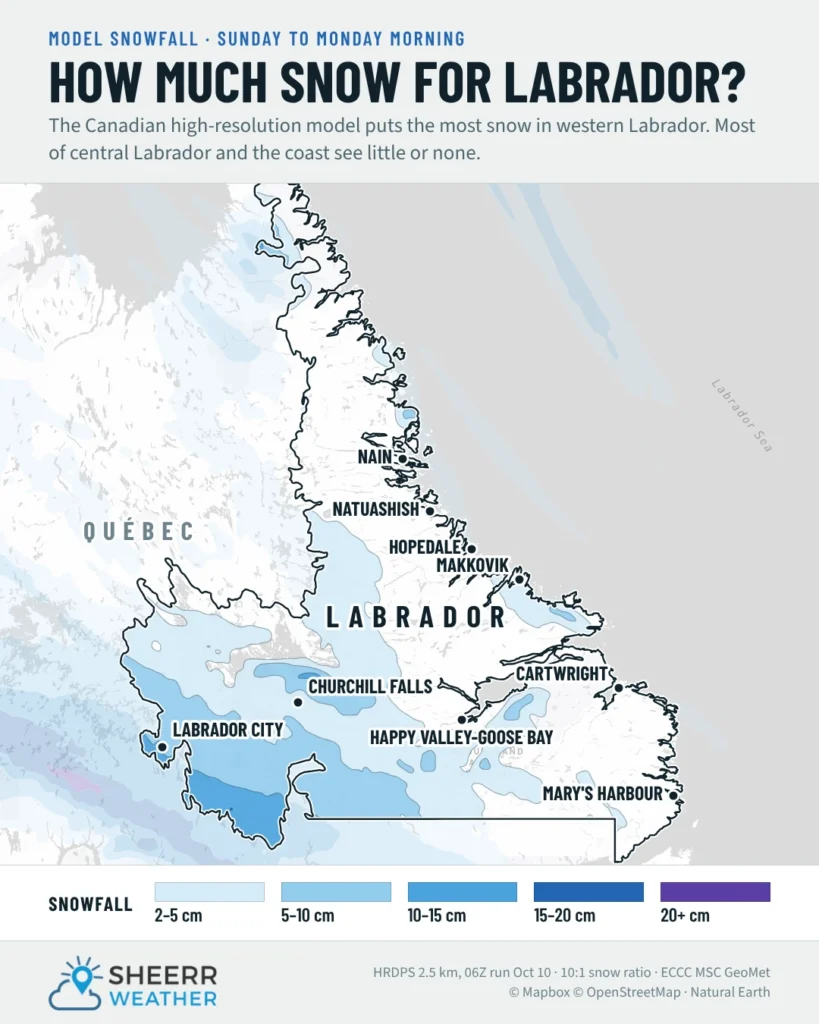 Model snowfall map for Labrador, Sunday to Monday morning: the most snow in western Labrador around Labrador City, 10 to 15 cm locally, with little or none for most of central Labrador and the coast