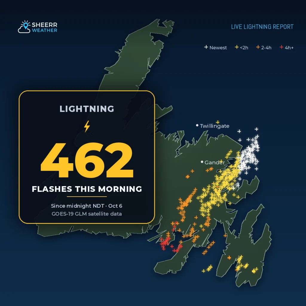 Lightning strikes detected over northeastern Newfoundland Tuesday morning