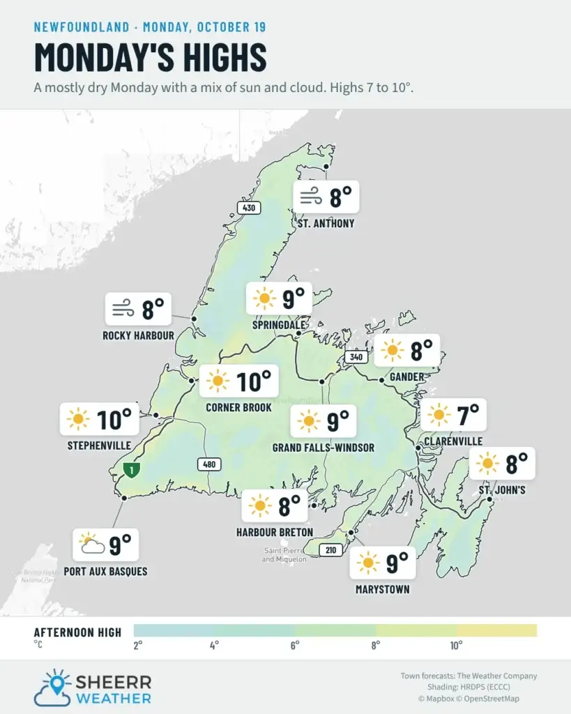 Monday’s highs for Newfoundland, October 19, 2026: a mostly dry Monday with a mix of sun and cloud, highs 7 to 10