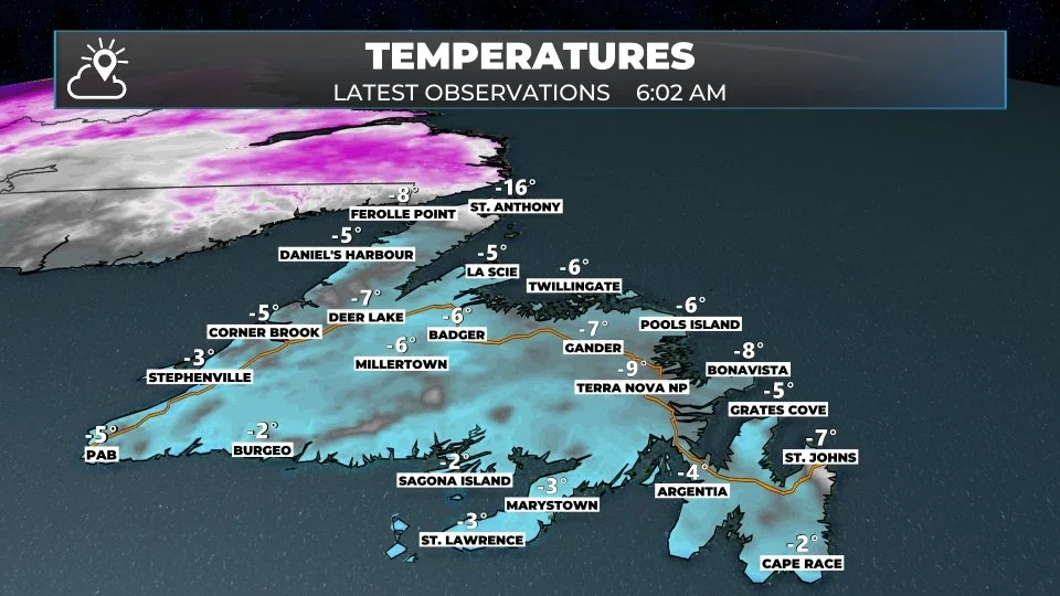Newfoundland temperatures as of 6:02 AM NST on February 5, 2026