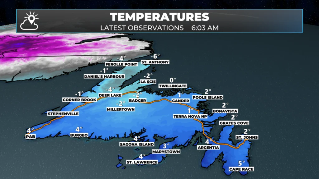 Newfundland temperatures as of 6 AM NST on December 11, 2025