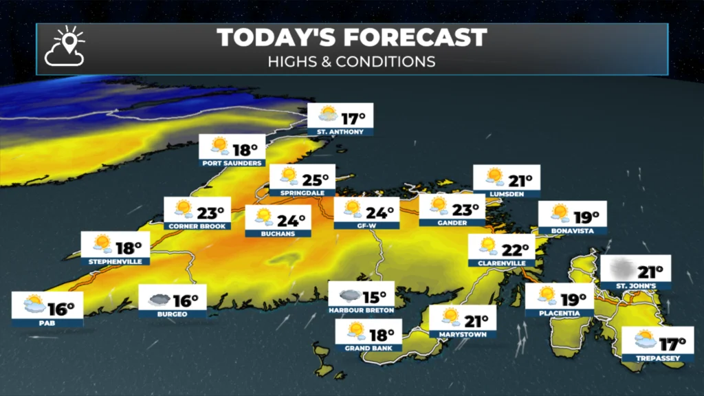 The highs today across Newfoundland.