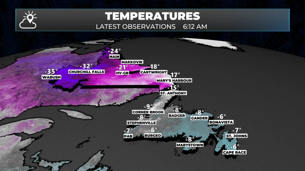 Observed temperatures across NL as of 6:12 AM NDT