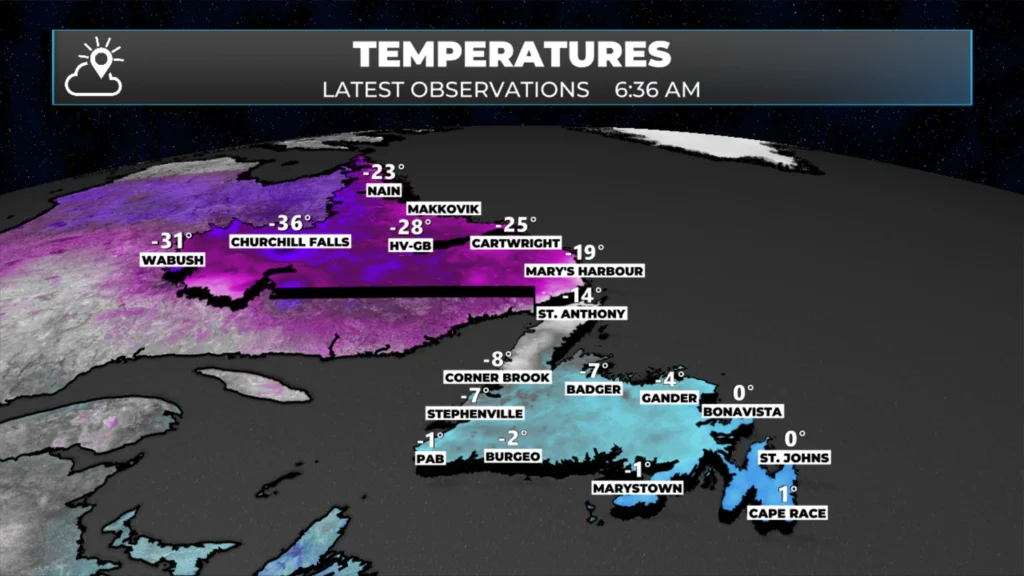 Observed temperatures just after 6:30 AM NST on January 23, 2026.