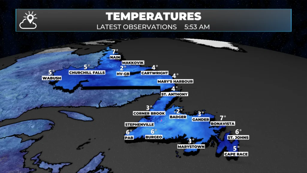Temperatures across NL as of just before 6 AM NDT.