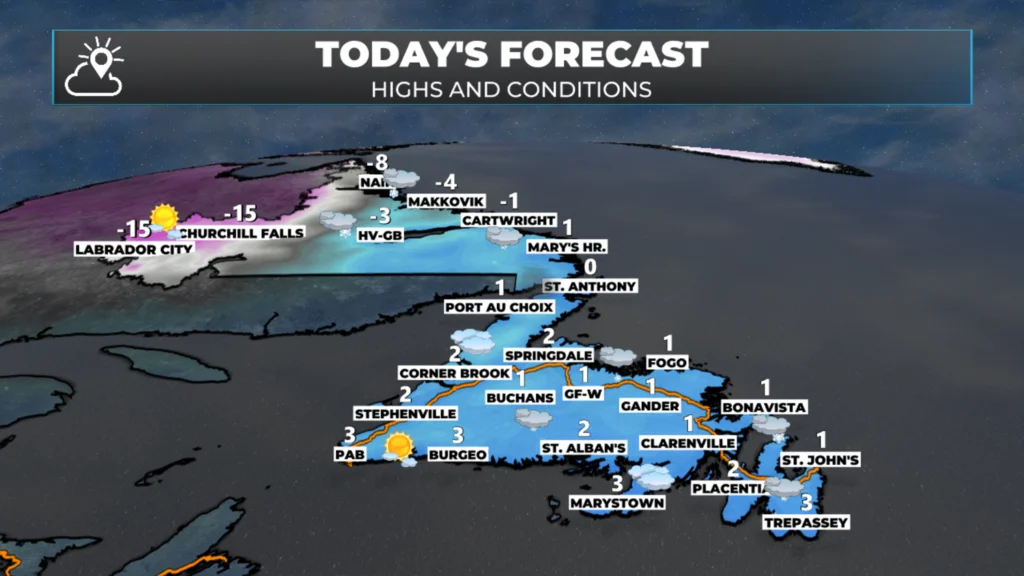 Today’s high and conditions across Newfoundland and Labrador - February 10, 2026.