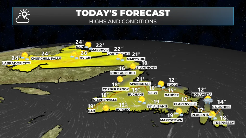The forecast for Monday, September 1, 2025 across Newfoundland and Labrador