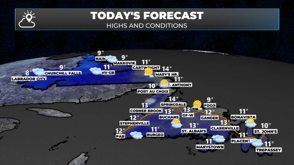 The forecast for Thursday, October 30, 2025 across NL. Quiet weather with highs in the upper single digits to lower teens.