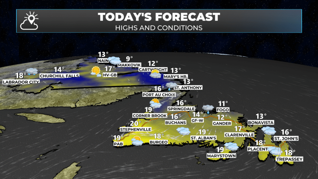 Showers for parts of NL close out the work week — August 22, 2025: forecast graphic 3