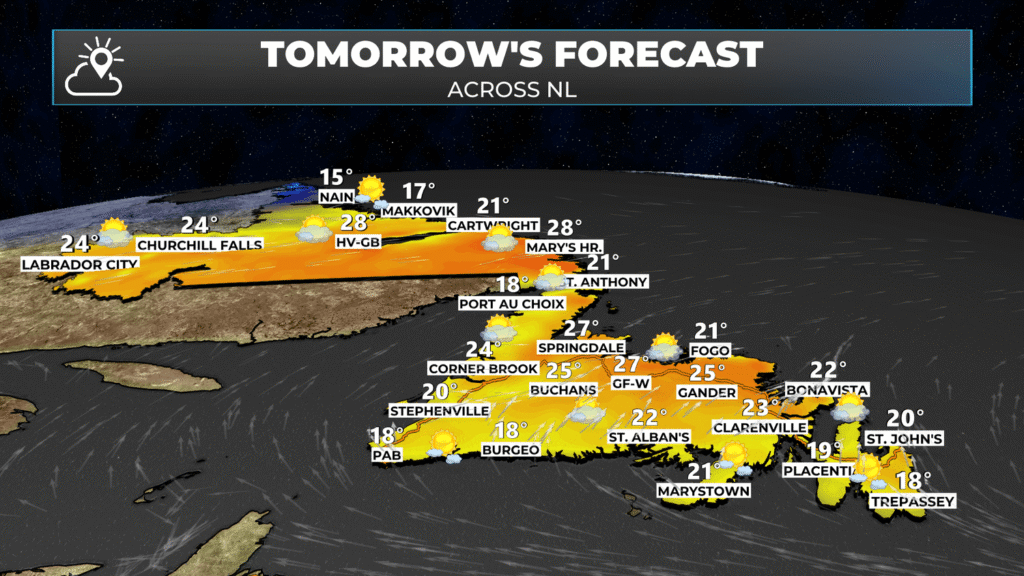 The forecast for September 2, 2025 across Newfoundland and Labrador