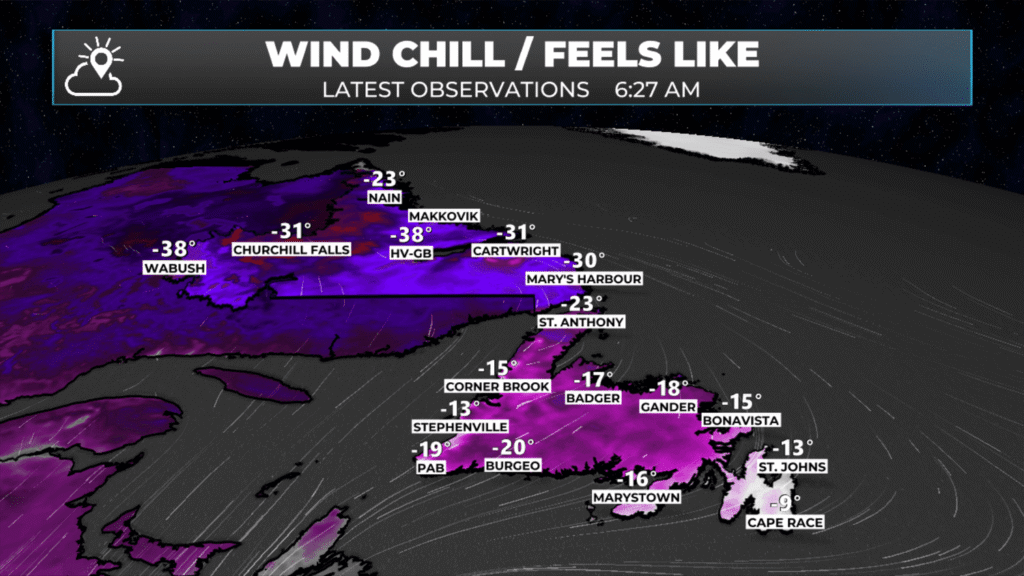Wind chills as of 6:27 AM NST on January 27, 2026.
