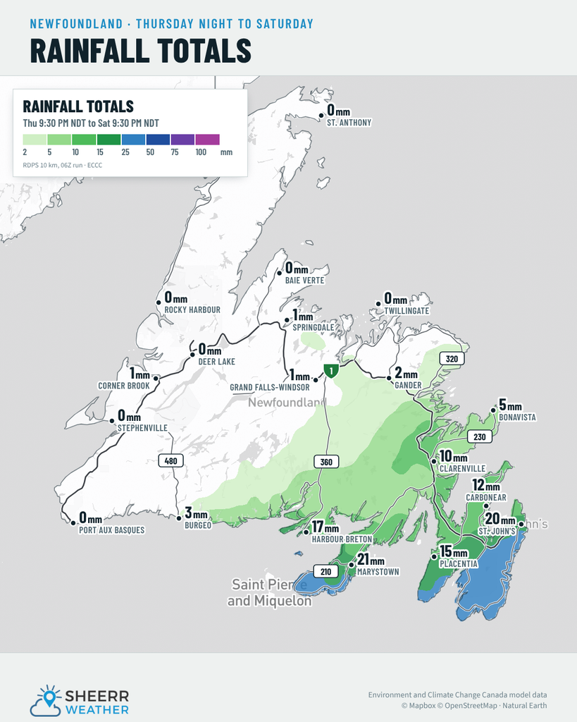 Map of forecast rainfall totals for Newfoundland from Thursday night to Saturday night: about 20 mm for St. John's, 21 mm for Marystown, 17 mm for Harbour Breton, 15 mm for Placentia, 12 mm for Carbonear, 10 mm for Clarenville, 5 mm for Bonavista, and little or none for central, western and northern Newfoundland