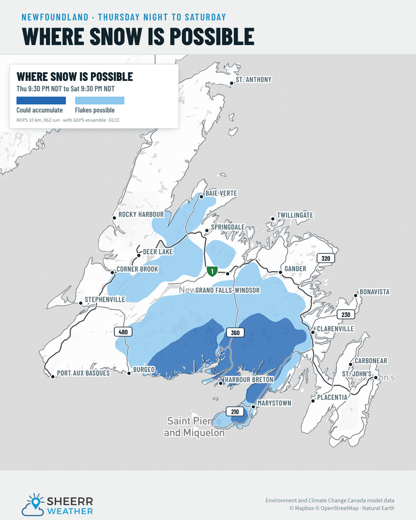 Map of where snow is possible in Newfoundland from Thursday night to Saturday night: snow could accumulate over the interior of the South Coast and the Burin Peninsula, with flakes possible across much of central and western Newfoundland