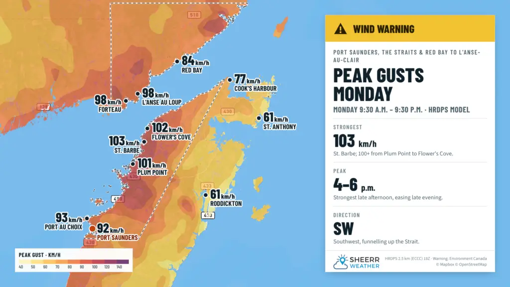 Peak wind gusts Monday for Port Saunders, the Straits and Red Bay to L’Anse-au-Clair: up to 103 km/h at St. Barbe, near 98 at Forteau and L’Anse au Loup, strongest 4 to 6 p.m.
