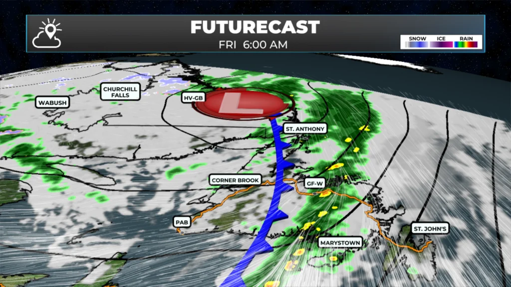 Forecast map of rain and snow as colder air arrives for the weekend