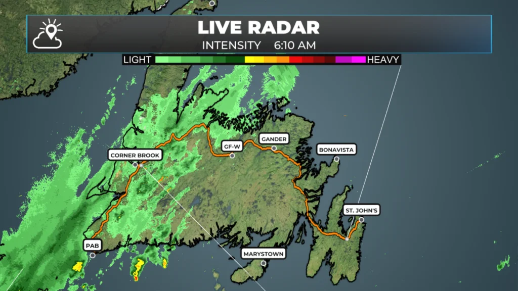 Radar image showing showers and light rain across western and southwestern Newfoundland early Friday morning.