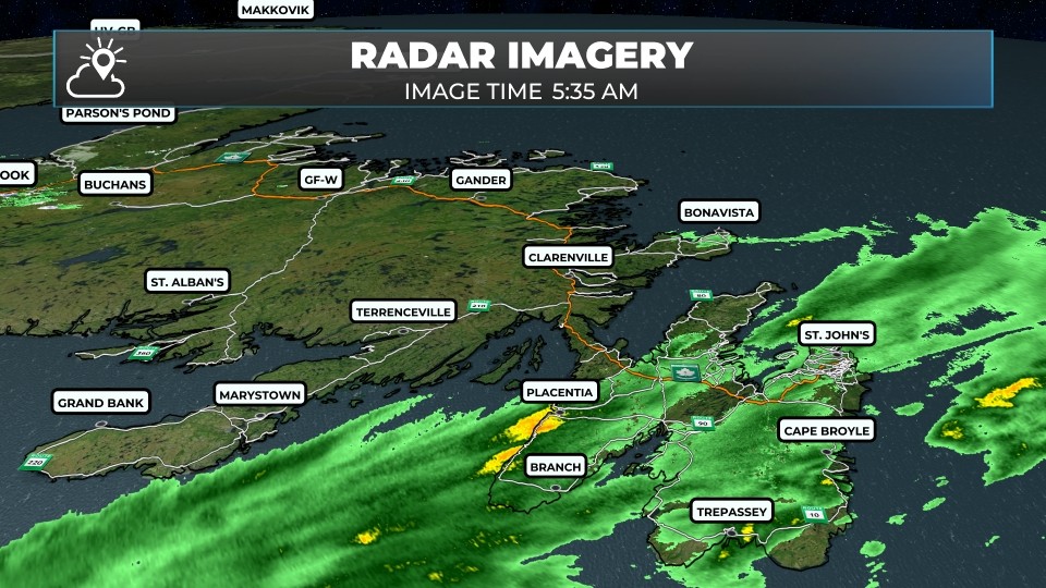Radar at 5:35 AM Tuesday showing rain across the Avalon Peninsula, from St. John’s and Cape Broyle to Trepassey, with heavier pockets near Placentia and Branch, and the rest of Newfoundland dry