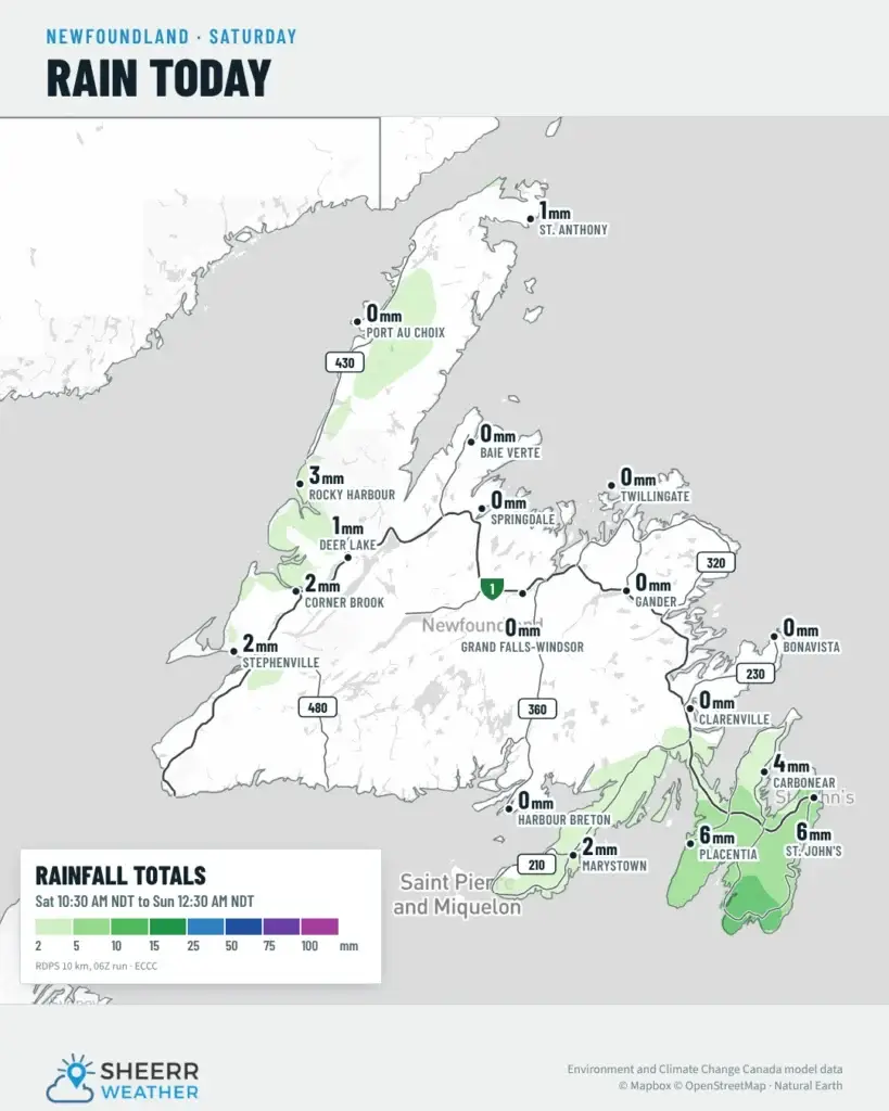 Rain today across Newfoundland: rainfall totals Saturday into early Sunday, up to 6 mm at St. John’s and Placentia