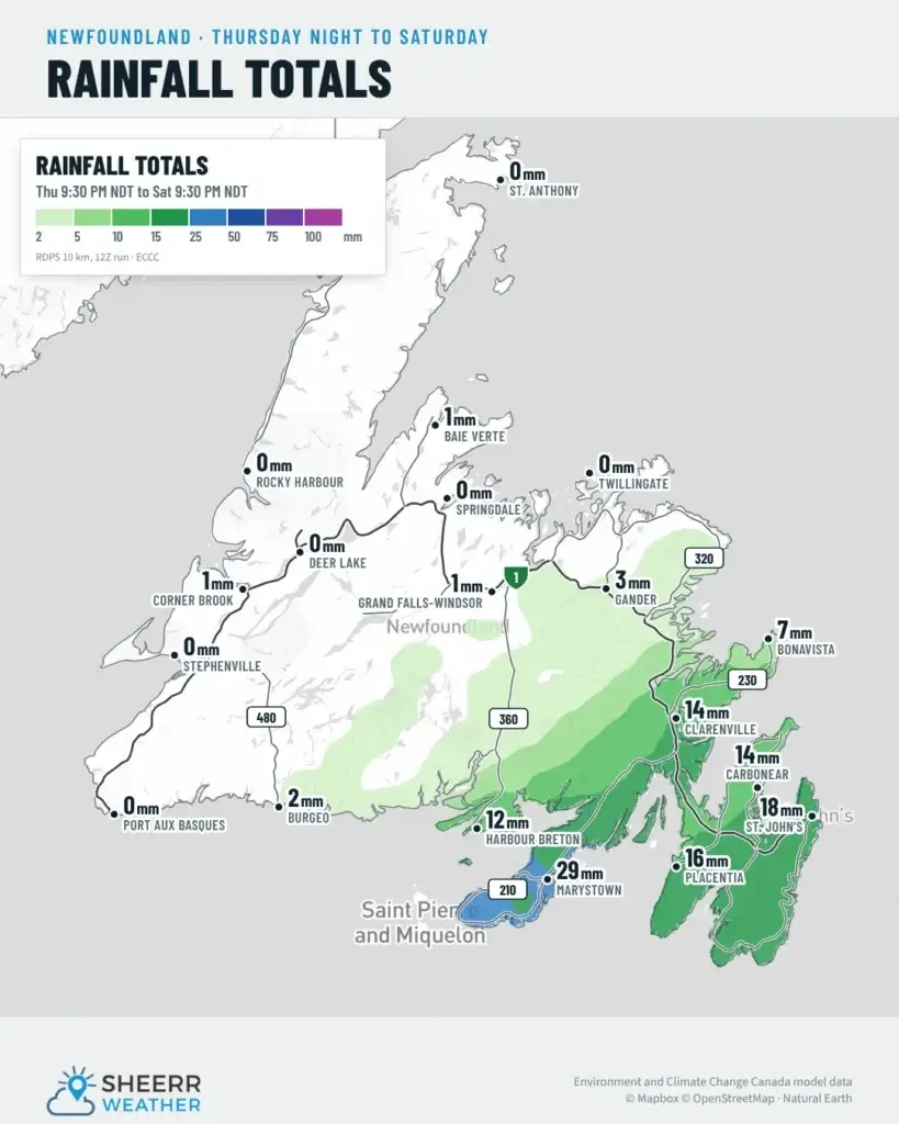 Rainfall totals Thursday night to Saturday: 29 mm in Marystown, 18 mm in St. John’s, 16 mm in Placentia, 14 mm in Clarenville and Carbonear, 12 mm in Harbour Breton, and little or none in the west and north