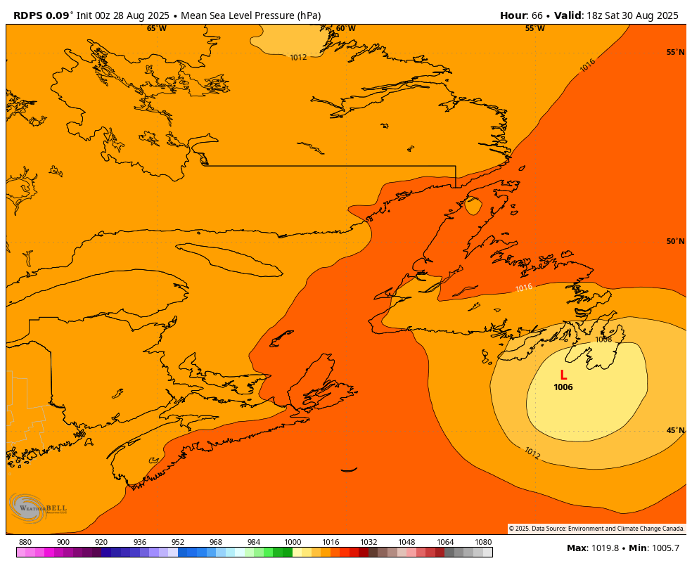 Map of sea level pressure isobars for Saturday afternoon at 3:30 PM NDT