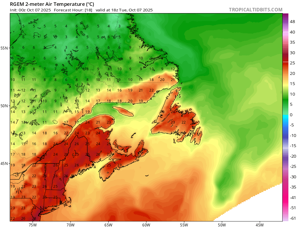 Regional temperatures today, October 7, 2025