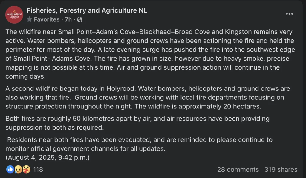 This is a screenshot of a facebook post from Fisheries, Forestry and Agirculture NL. There is a link attached to take you to the post.